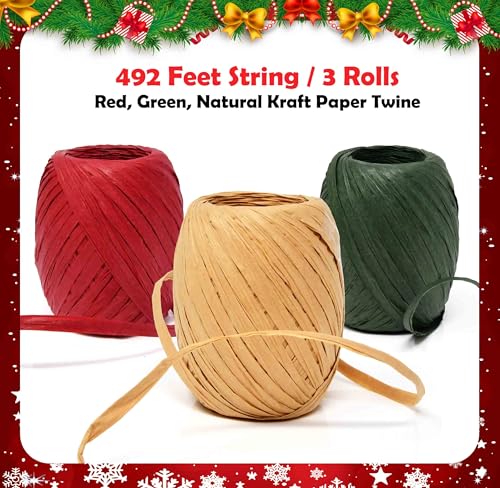 Gift Boutique Christmas Raffia Ribbon - 3 Rolls Twine for Gift Wrapping