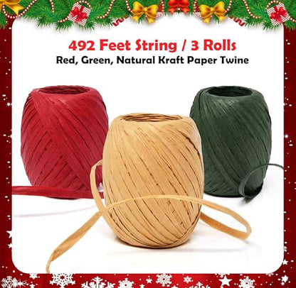Gift Boutique Christmas Raffia Ribbon - 3 Rolls Twine for Gift Wrapping