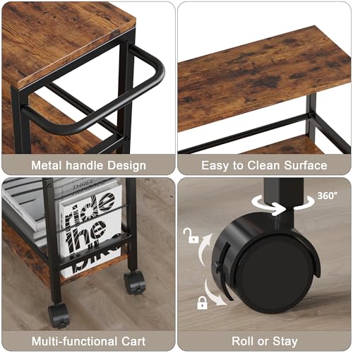 Narrow Storage Cart with Wheels, 4-Tier Narrow Kitchen Carts Slim Rolling Cart, Skinny Storage Cart, Snack Cart Slim Laundry Carts with Handle for Livingroom, Diningroom, Office（Rustic Brown, Black） - size: 7.3"D x 16.7"W x 34.3"H