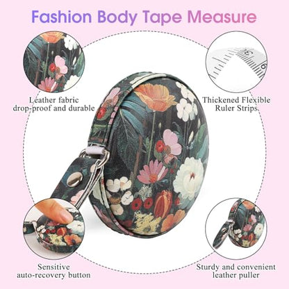 Retractable Mini Leather Tape Measure, Auto Retract Black Flowers - color: Black Flowers