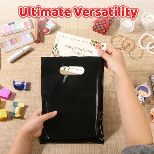VieFantaisie 50 PCS Black Party Favor Bags, 8" x 11" Goodie Bags for Candy Treat Craft Easter Egg, Plastic Gift Bag with Die Cut Handles for Birthday Party, School Events & Small Business, Wedding - color: Black-50PCS-8x11Inch