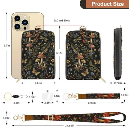 Mushroom PU Leather ID Badge Holder with Boho Lanyard with Keychain Phone Lanyard Wrist Strap, Cute RFID Blocking for Office School Business Women - color: Boho Mushroom