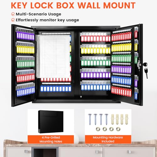 440 Keys Dual-Door Key Lock Box Wall Mount with 20 Adjustable Hook Plates - color: Black, size: 440 Keys