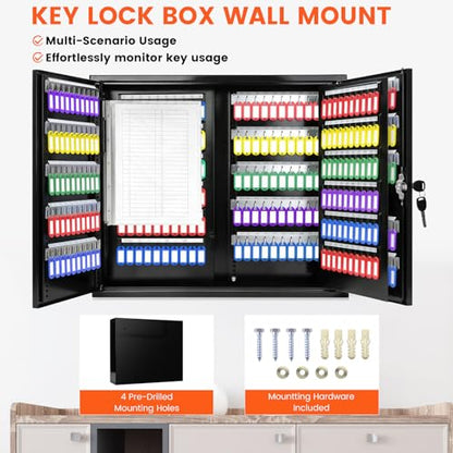 440 Keys Dual-Door Key Lock Box Wall Mount with 20 Adjustable Hook Plates - color: Black, size: 440 Keys