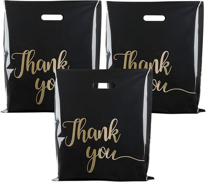 100 Pack Thank You Bags for Small Business, 8 x 12 Inch Plastic Shopping Bags with Handles (BLACK, 18" X 14") - color: BLACK