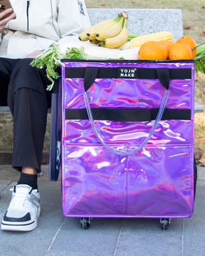 Reusable Grocery Bag with Wheels, Medium Glitter Purple Rolling Tote - color: Glitter Purple, size: Medium