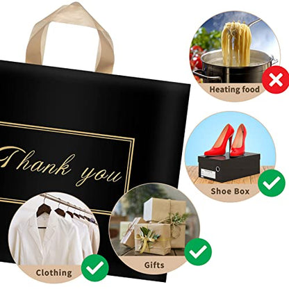 WAKAKO 60 Pack Thank You Shopping Bags, 16x14 Inch Reusable Plastic Shopping Thank You Gift Bags with Handle for Small Business, Black - color: Black(16X14IN)