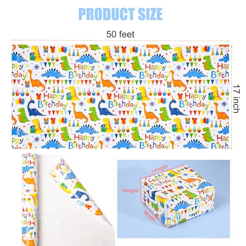 Dinosaur Happy Birthday Gift Wrapping Paper Boy Roll - 17 inch X 50 Feet - color: Dinosaur