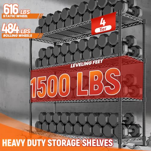 48" W Storage Shelves 1500LBS Metal Shelving Unit with Wheels, Adjustable Garage Shelving Heavy Duty Wire Rack with Liners for Pantry Warehouse Commercial Office, 48" W x 18" D x 76.77" H - size: 48" W x 18" D x 76.77" H-4 Tier