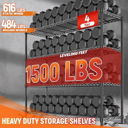 48" W Storage Shelves 1500LBS Metal Shelving Unit with Wheels, Adjustable Garage Shelving Heavy Duty Wire Rack with Liners for Pantry Warehouse Commercial Office, 48" W x 18" D x 76.77" H - size: 48" W x 18" D x 76.77" H-4 Tier