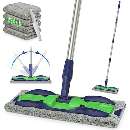 Microfiber Mops for Floor Cleaning: Flat Floor Mop with 4 Washable Pads - color: Green