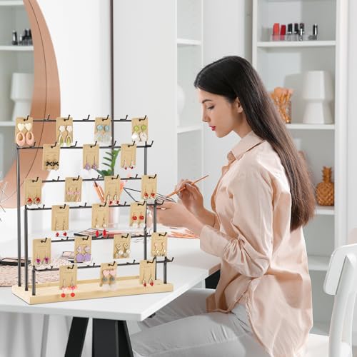 Earring Display for Vendors 6 Tier 42 Hooks Wood Earring Display Rack Holder for Earings Necklaces Rings Bracelets Keychains - color: Black