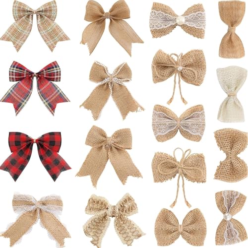 VGOODALL 17 PCS Burlap Bows, Handmade Burlap Bowknots with Lace for Wedding Party Decor Home Gift Wrapping