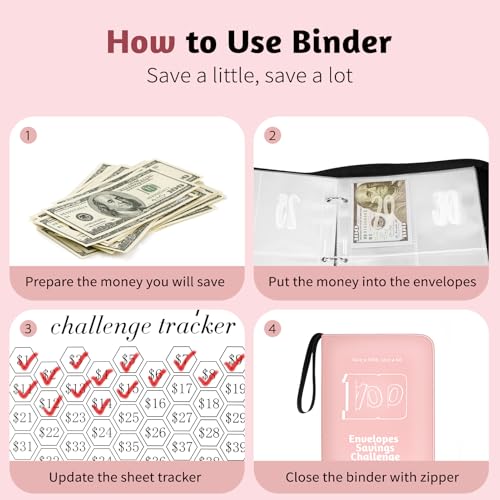 RONMONG 100 Envelopes Challenge Binder, Money Saving Binder, Budget Book - color: Pink Style 1