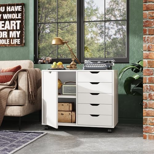 DEVAISE 5-Drawer Wood Drawer Cabinet, Office Storage Cabinet, White - color: White