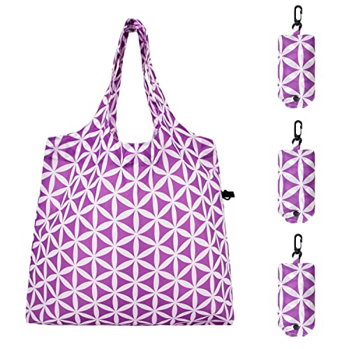 HOLYLUCK Reusable Grocery Bags,Heavy Duty Foldable Shopping Tote Bag (Standard, 3 Purple Geometric Flowers) - color: 3 Purple Geometric Flowers, style: Standard