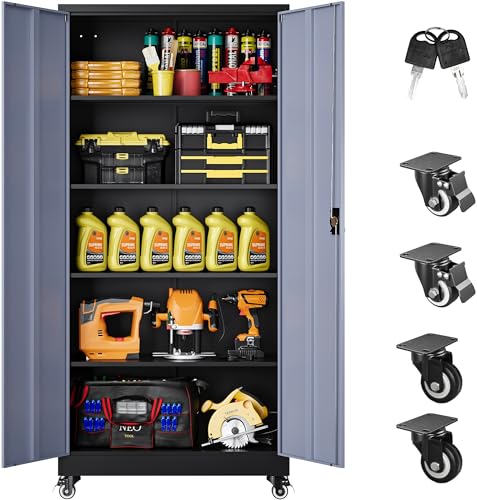 SISESOL 75" Tall Metal Storage Cabinet with Wheels,Rolling Garage Storage Cabinet with Lock,Gray Metal Cabinets with Wheels and Shelves,Tall Tool Cabinets on Wheel for Garage,Home,Office,Shop - color: Black Gray, size: 75"H x 31.5"W x 16"D