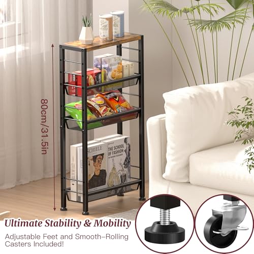 Slim Rolling Cart, 4-Tier Narrow Kitchen Storage Cart, Slim Utility Cart on Wheel, Skinny Bathroom storage cart with Wood Tabletop, 6.0" Deep, For Kitchen, Dining Room, Living Room, Laundry Room - color: Rustic Brown
