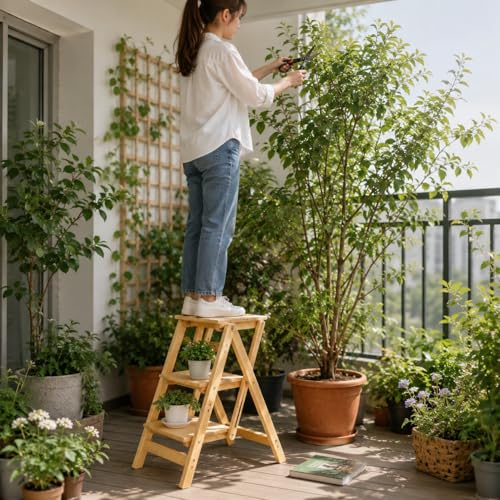 3-Step Wooden Folding Step Stool – Solid Pine Frame, Non-Slip Steps, Anti-Scratch Base, 337lb Capacity – No Assembly Required, Space-Saving for Kitchen & Home – Walnut (Natural Wood) - color: Natural Wood