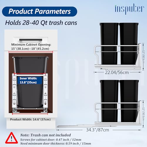 Insputer Dual Pull Out Trash Can Under Cabinet with Soft-Close Slides - size: Double