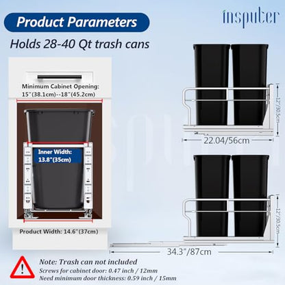 Insputer Dual Pull Out Trash Can Under Cabinet with Soft-Close Slides - size: Double