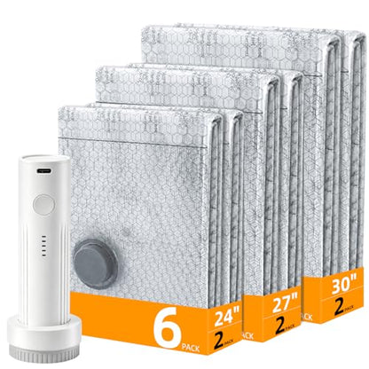 Vacuum Storage Bags with Rechargeable Air Pump, 6 Combo Vacuum Bags for Travel, Space Saver Plastic Packaging Bags for Clothes, Blankets, Pillow, Bedding, Luggage
