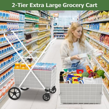 Extra Jumbo Foldable Shopping Cart with 2 Removable Baskets and Waterproof Liner, Heavy Duty Utility Grocery cart on Wheels, Rolling 2-Tier Laundry cart with 360° Swivel Front Wheels (2-Tire) (White) - color: White