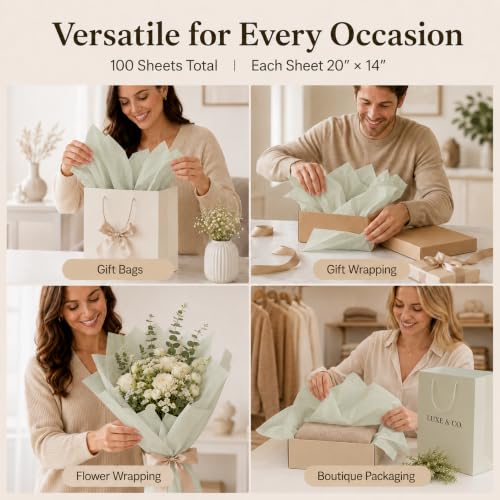 ROVIBIOBIO 100 Sheets Sage Green Tissue Paper for Gift Bags, 20 x 14 Inch - color: Sage Green