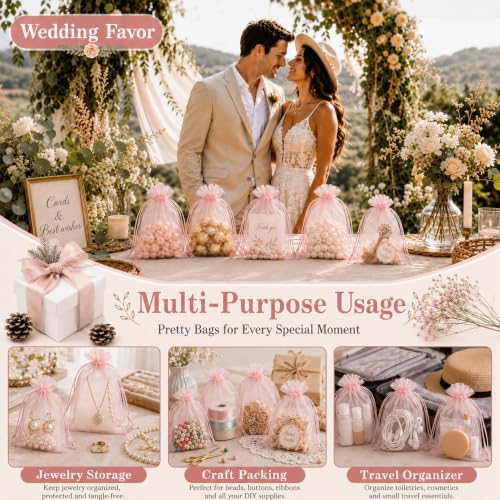 Jexila 100PCS Blush Pink Organza Gift Bag 5X7 Mesh Drawstring Jewelry Pouch - color: Blush Pink