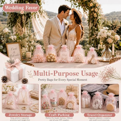 Jexila 100PCS Blush Pink Organza Gift Bag 5X7 Mesh Drawstring Jewelry Pouch - color: Blush Pink