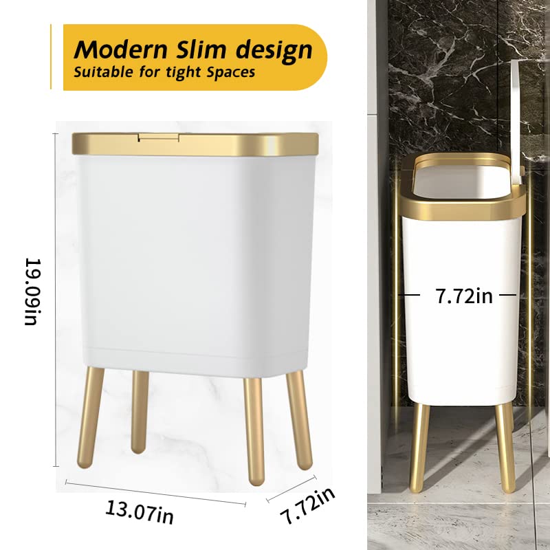 Procade 4 Gallon Bathroom Trash Can with Lid,Slim White and Gold Trash Bin - color: White