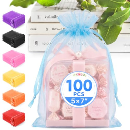 ANZNKU 100PCS Organza Bags 5x7 Blue Small Gift Mesh Drawstring Goodie Bags - color: Baby Blue