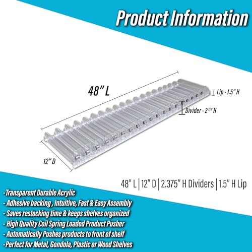 Auto Feed Shelf Product Pusher Kit, Adjustable Pushing System for 48" L x 12" D Shelves, 1 Kit - [19 Shelf Pushers + 20 Dividers] - size: 48" Kit
