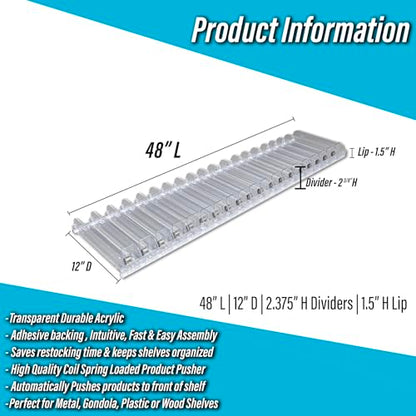 Auto Feed Shelf Product Pusher Kit, Adjustable Pushing System for 48" L x 12" D Shelves, 1 Kit - [19 Shelf Pushers + 20 Dividers] - size: 48" Kit