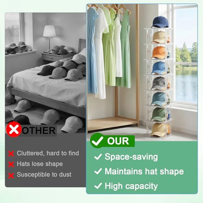 8 Tier Clear Hat Organizer Box with Drawer, Stackable Baseball Cap Display Storage Case with Sliding Tray & Magnetic Door, Large Hat Display Rack Holder, Each Fits Up to 24 Caps