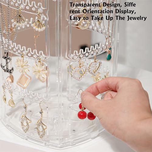 360° Rotating Jewellery Stand Organiser, Clear Display Earring Holder, 4 Tiers Jewellery Stand Necklace Stand Jewelry Dangle Earring Necklace Bracelet Display Rack Stand for Storage