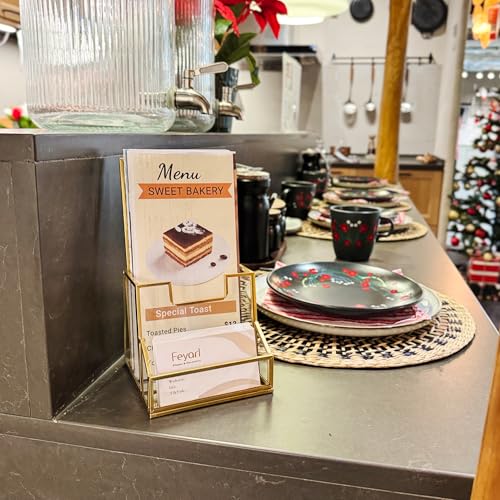 Feyarl Gold Glass Brochure Holder Pamphlets Cards Literature Holder Flyer for 4" Trifold Holder Glass Display Stand with Business Card Holder for Brochures Magazines Literatures Display Countertop