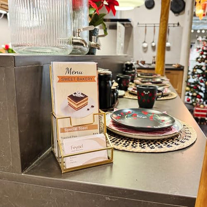 Feyarl Gold Glass Brochure Holder Pamphlets Cards Literature Holder Flyer for 4" Trifold Holder Glass Display Stand with Business Card Holder for Brochures Magazines Literatures Display Countertop