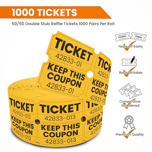 PM Company 2000 Pcs (1000 Pairs) Raffle Tickets Double Roll, 50/50 Yellow - color: Yellow