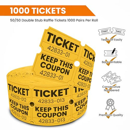 PM Company 2000 Pcs (1000 Pairs) Raffle Tickets Double Roll, 50/50 Yellow - color: Yellow