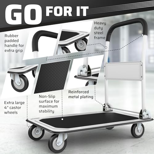 Heavy Duty Foldable Push Cart Dolly | 660 lbs. Capacity | Upgraded Collapsible Hand Truck Folding Platform with Swivel Wheels | Flat Bed Moving Wagon | Space Saving Push Handle (White) - color: White, 660 Lbs. Capacity