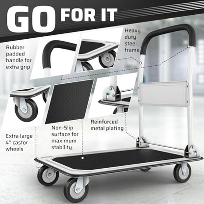 Heavy Duty Foldable Push Cart Dolly | 660 lbs. Capacity | Upgraded Collapsible Hand Truck Folding Platform with Swivel Wheels | Flat Bed Moving Wagon | Space Saving Push Handle (White) - color: White, 660 Lbs. Capacity