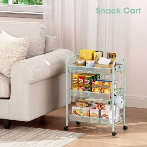 TOOLF 3 Tier Rolling Cart, Metal Utility Storage Cart with Wheels, Green - color: Green, size: 3-Tier