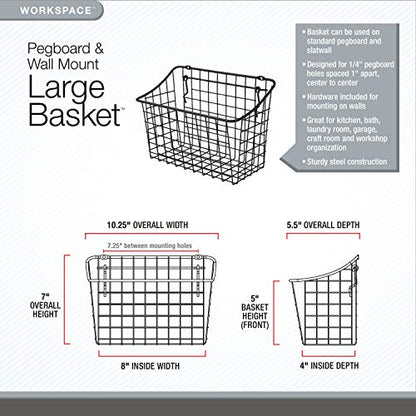 Spectrum Large Wire Basket Pegboard Wall Organizer Metal Pegboard Storage Bin Dual Mounting System for Garage Tools Workshop Supplies Craft Room Organization & Accessories, Industrial Gray