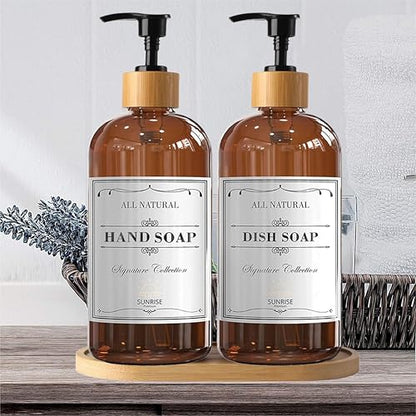 Sunrise Premium Amber Glass Soap Dispenser, Bamboo Pump with Tray, 2 Pack - color: Plastic Bamboo Pump - Amber Glass Pack 2