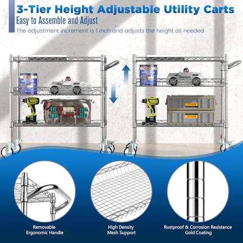 Leteuke 3 Tier Rolling Carts with Wheels, Heavy Duty Rolling Utility Cart - color: Matte Chrome