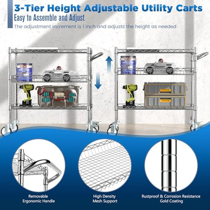 Leteuke 3 Tier Rolling Carts with Wheels, Heavy Duty Rolling Utility Cart - color: Matte Chrome