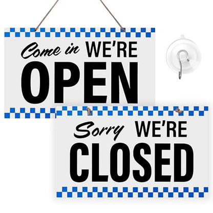 Open Closed Sign for Business, 10" x 6" (Blue Checker) - color: Blue Checker