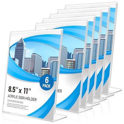 Eocnrhe Acrylic Sign Holder 8.5 x 11 6 Pack, Double-Sided Clear Sign Holder Plastic Stands for Display, Table Sign Stands, L Shape Flyer Holder