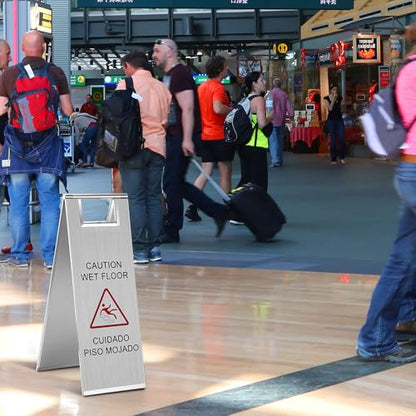 LEIFIDE 1 Pcs Wet Floor Signs, Bilingual Stainless Steel,Silver - color: Silver